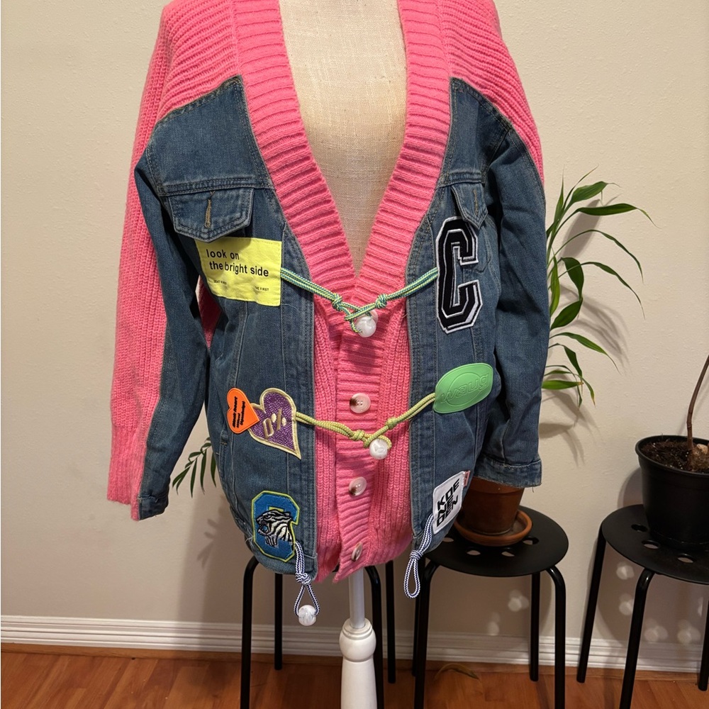 Pink and Blue Denim and cable knit sweater/jacket